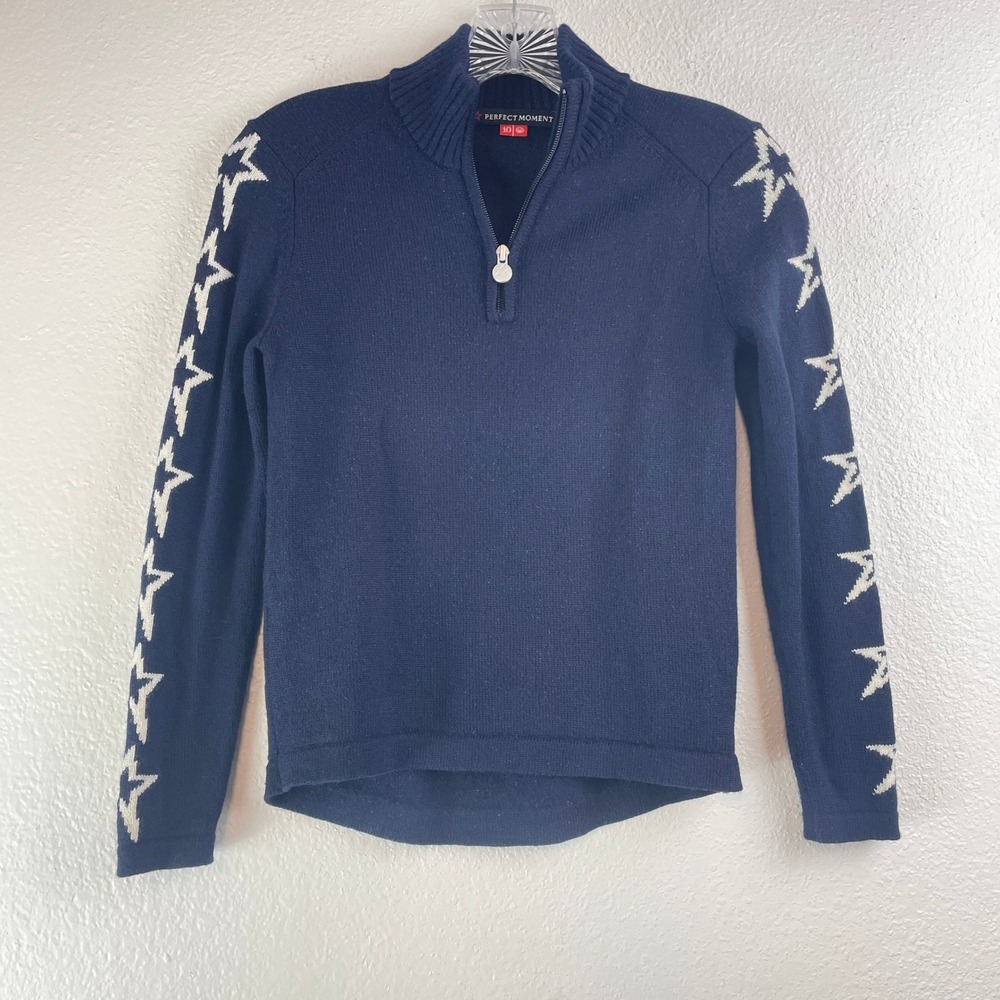Perfect‎ Moment Kids Navy Blue 100% Merino Wool Star Sleeve Zip Sweater Girls 10